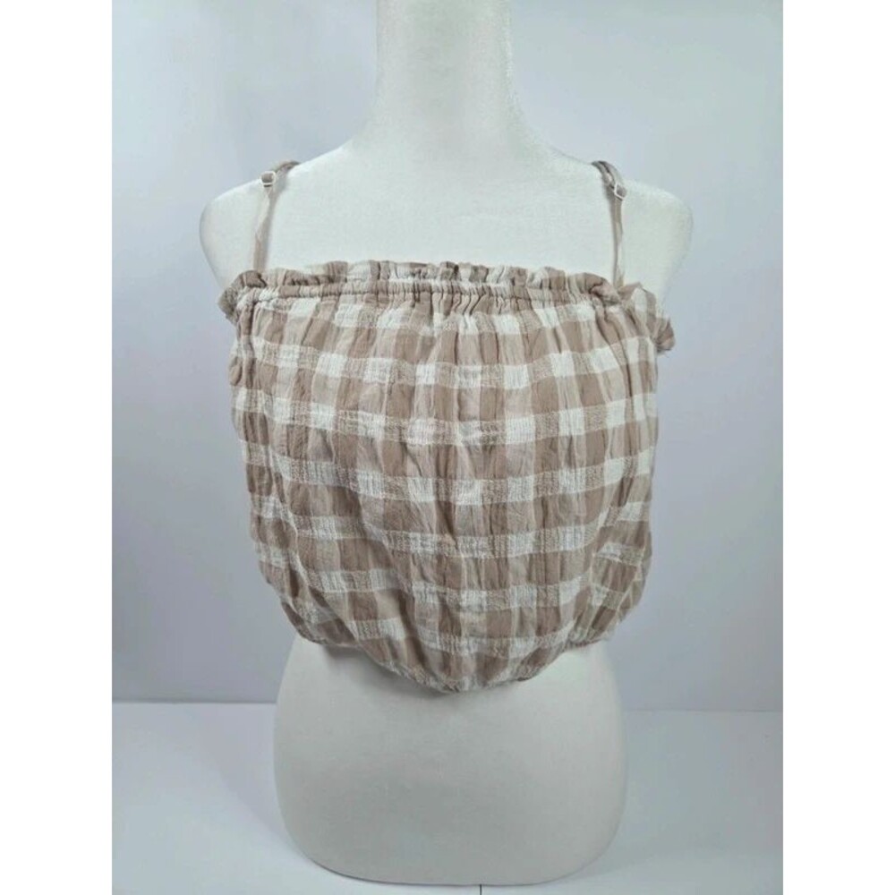 Aerie Beige Brown Gingham Seersucker Cami Top Large